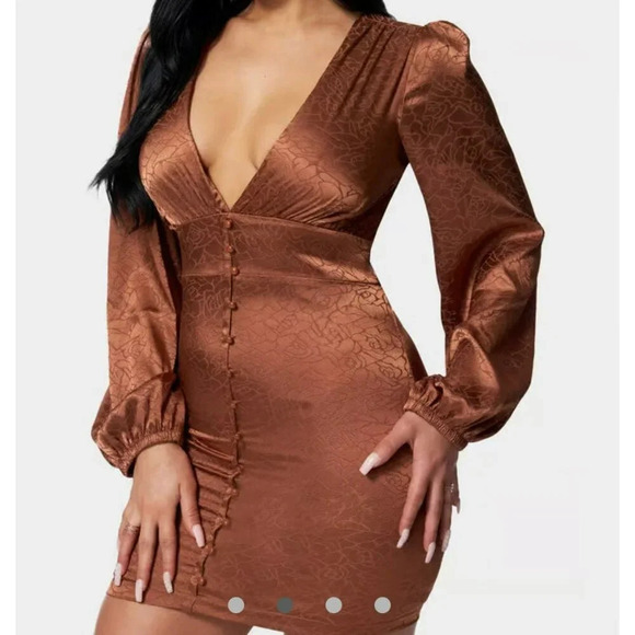 NEW Bebe Satin Button Up Jacquard Mini Dress Women Medium Copper Rust‎ Orange - Picture 2 of 10